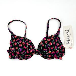 Vintage 90s Matari Mixems Bikini Top Black Neon Floral Underwire Padded Bra L